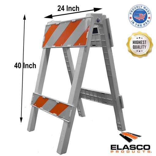 Elasco Polypropylene Type II Folding Barricade for Pedestrian and Vehicle Traffic, 24″ Width x 40″ Height, Orange on White Cable Protector Works - Elasco Wheel Chocks, Cable Protectors and Cable Ramps Cable Protectors