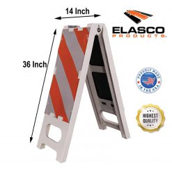 Elasco Polypropylene Vertical Folding Barricade for Pedestrian and Vehicle Traffic, 14″ Width x 36″ Height, Orange on White Cable Protector Works - Elasco Wheel Chocks, Cable Protectors and Cable Ramps Cable Protectors