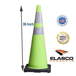 Elasco Traffic Safety Cone, PVC Black Base and 6″ Upper/4″ Lower Reflective Collar, 36″ Height, Fluorescent Green Cable Protector Works - Elasco Wheel Chocks, Cable Protectors and Cable Ramps Cable Protectors