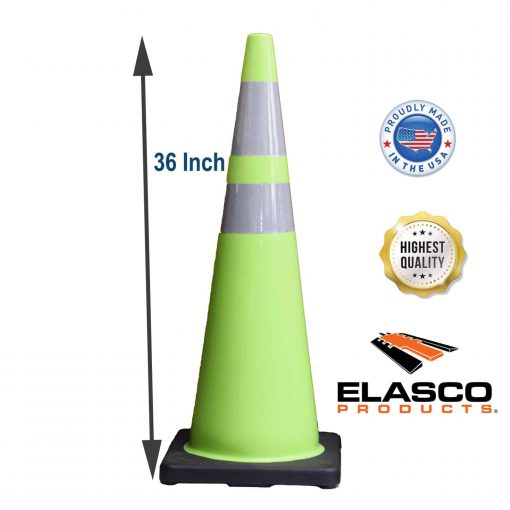 Elasco Traffic Safety Cone, PVC Black Base and 6″ Upper/4″ Lower Reflective Collar, 36″ Height, Fluorescent Green Cable Protector Works - Elasco Wheel Chocks, Cable Protectors and Cable Ramps Cable Protectors