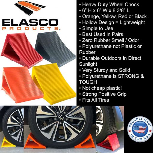 Wheel Chocks – Medium Duty – Polyurethane for Trucking, RVs, Trailers & Vehicles – 6 Inch – 4 Colors Cable Protector Works - Elasco Wheel Chocks, Cable Protectors and Cable Ramps Cable Protectors