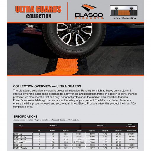 Elasco UG5140 Cable Protector, 5 Channels, 1.38″ Channel, Yellow Cable Protector Works - Elasco Wheel Chocks, Cable Protectors and Cable Ramps Cable Protectors