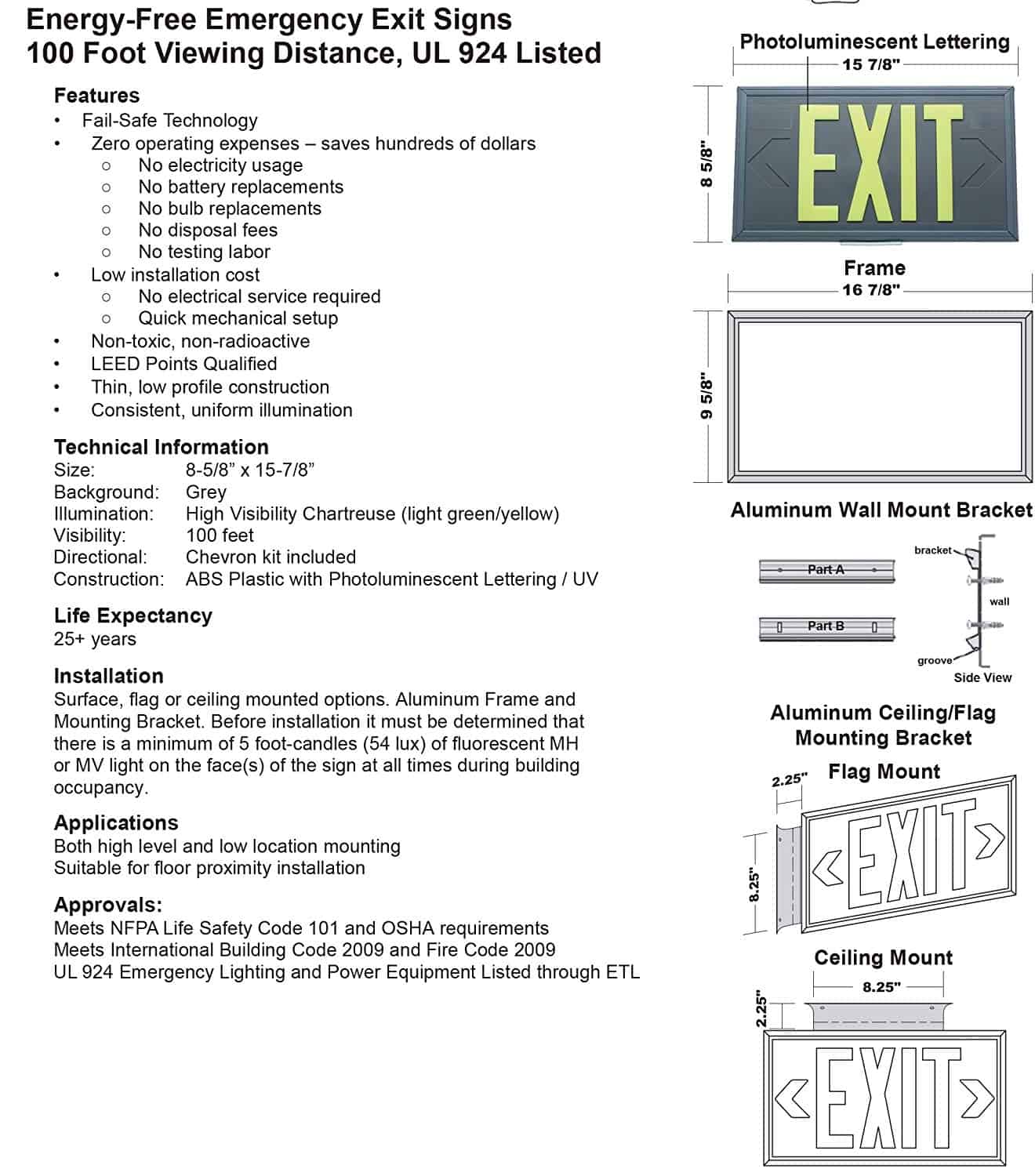 Exit Sign Gray Polycarbonate 100 Feet Single Sided With Gray Frame Gray Mount 100g Sgg Cable Protector Works