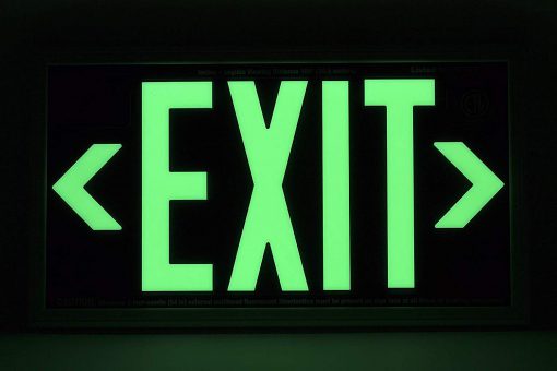 EXIT Sign. Brushed Aluminum. Green Lettering, 50 Feet, Double Sided with Silver Frame & Silver Mount (50SSG-DSS) Cable Protector Works - Elasco Wheel Chocks, Cable Protectors and Cable Ramps Cable Protectors