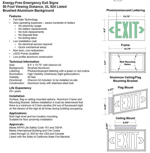 EXIT Sign. Brushed Aluminum. Green Lettering, 50 Feet, Double Sided with Silver Frame & Silver Mount (50SSG-DSS) Cable Protector Works - Elasco Wheel Chocks, Cable Protectors and Cable Ramps Cable Protectors