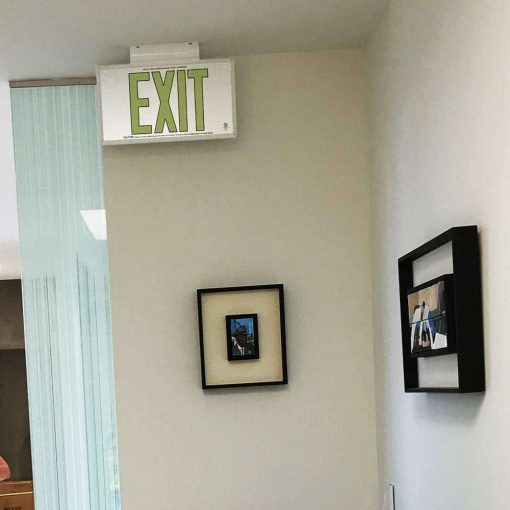 EXIT Sign. Brushed Aluminum. Green Lettering, 50 Feet, Double Sided with White Frame & White Mount (50SSG-DWW) Cable Protector Works - Elasco Wheel Chocks, Cable Protectors and Cable Ramps Cable Protectors