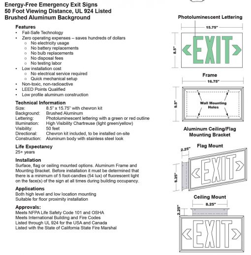 EXIT Sign. Brushed Aluminum. Green Lettering, 50 Feet, Single Sided with No Frame & No Mount (50SSG-S–) Cable Protector Works - Elasco Wheel Chocks, Cable Protectors and Cable Ramps Cable Protectors