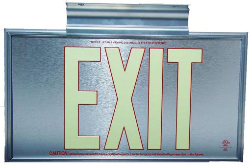 EXIT Sign. Brushed Aluminum. Red Lettering, 50 Feet, Double Sided with Silver Frame & Silver Mount (50SSR-DSS) Cable Protector Works - Elasco Wheel Chocks, Cable Protectors and Cable Ramps Cable Protectors