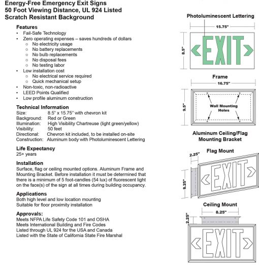 Glow in The Dark Emergency EXIT Signs Non Electric UL Listed Industrial Grade PhotoLuminescent Red  Feet R DW BHLKDPC